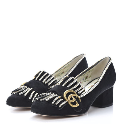 Gucci Kid Scamosciato Crystal GG Marmont Fringe 50mm Loafer Pumps 35.5 Black 3 of 9