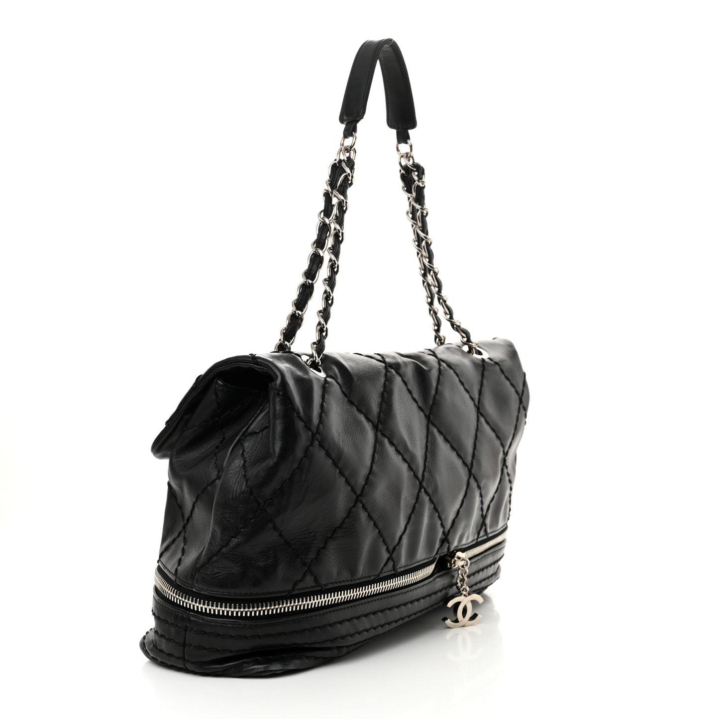 Calfskin Stitched Large Expandable Flap Bag Black