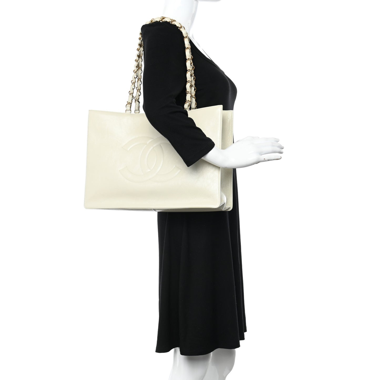 Shiny Aged Calfskin Shopping Bag White