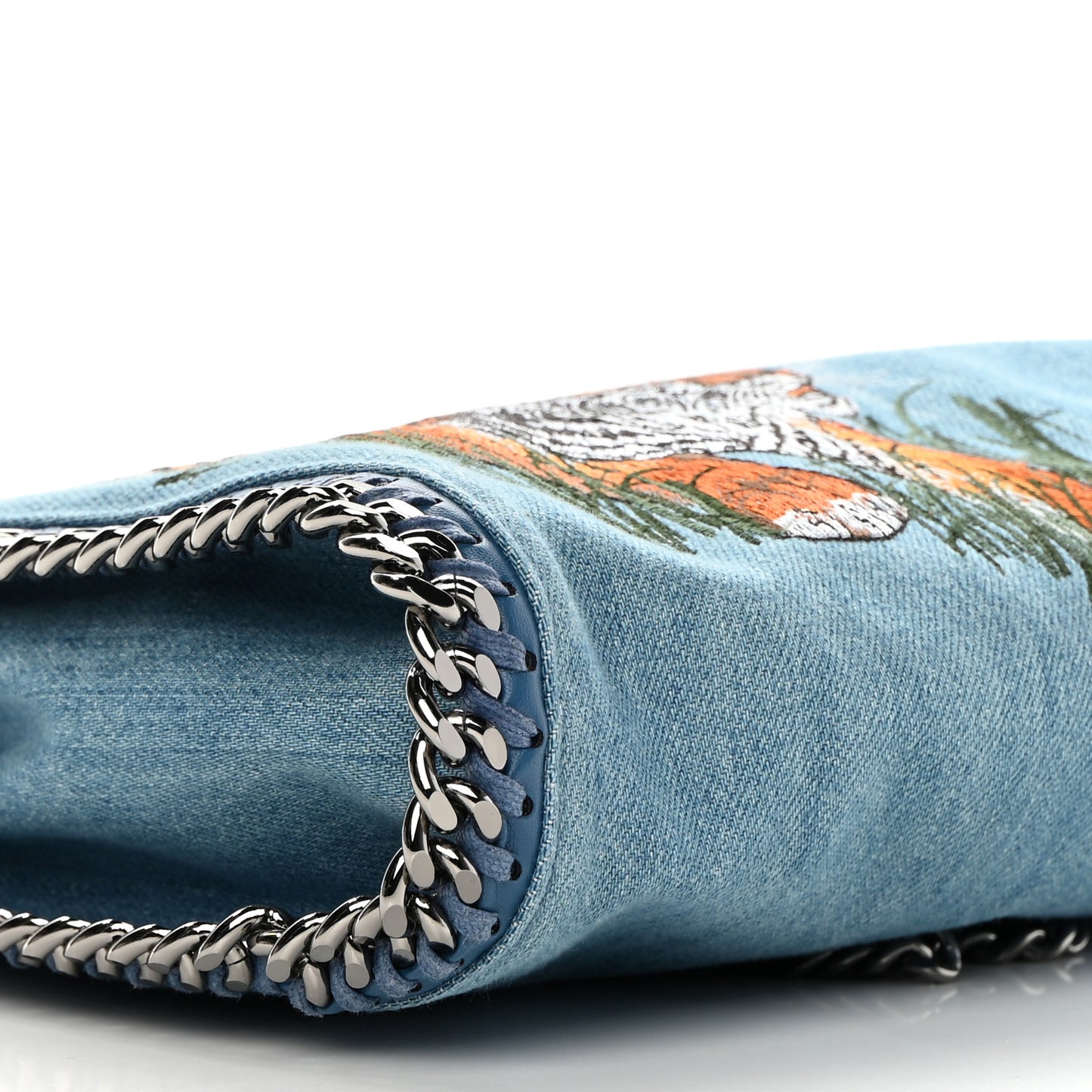 Denim Embroidered Tiger Mini Falabella Tote Blue