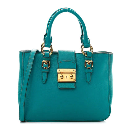 Miu Miu Goatskin Madras Shopping Tote Azzurro 1 of 5
