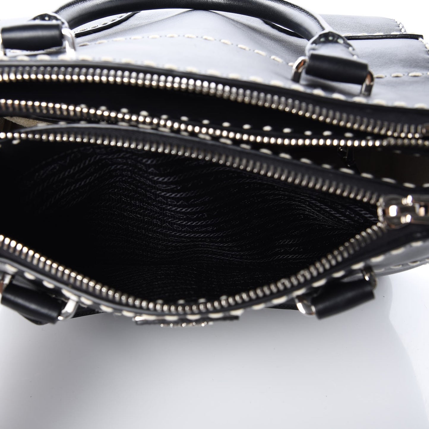 City Calf Small Stitched Twin Pocket Tote Black White