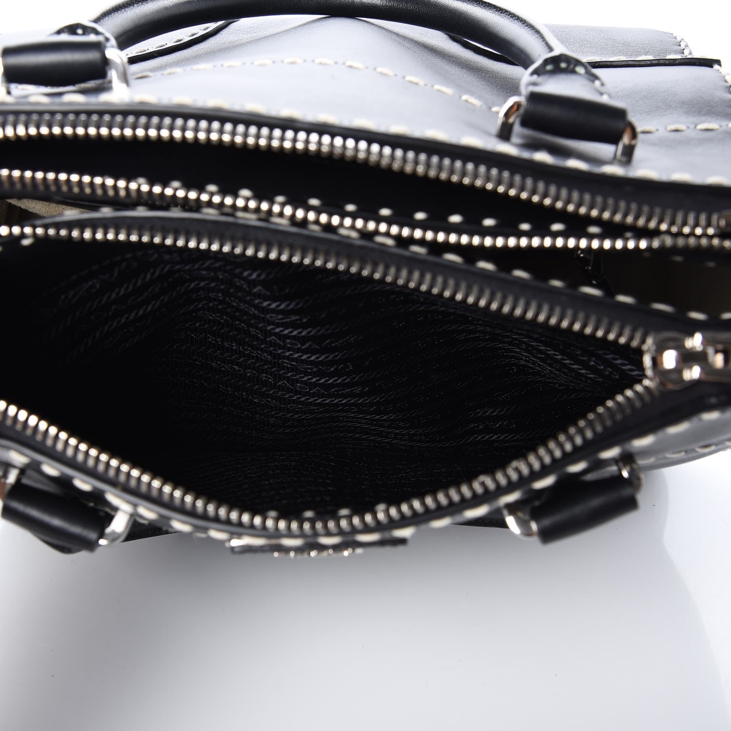 Prada City Calf Small Stitched Twin Pocket Tote Black White 9 of 11