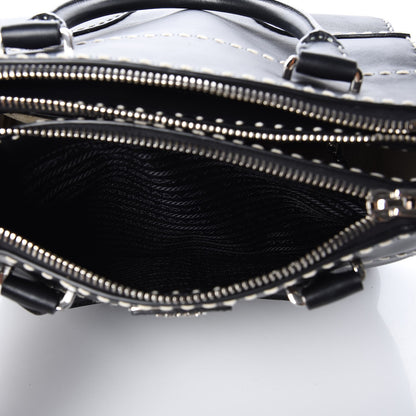Prada City Calf Small Stitched Twin Pocket Tote Black White 9 of 11
