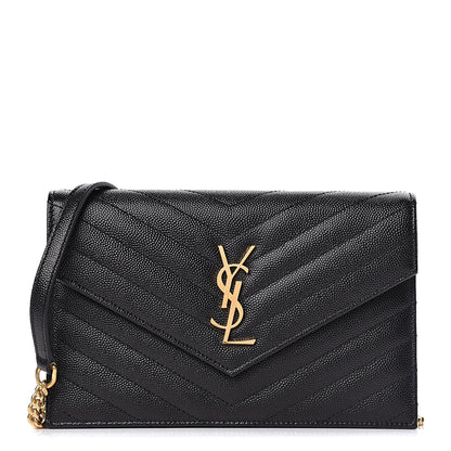 Saint Laurent Grain De Poudre Matelasse Chevron Monogram Envelope Chain Wallet Black 1 of 10