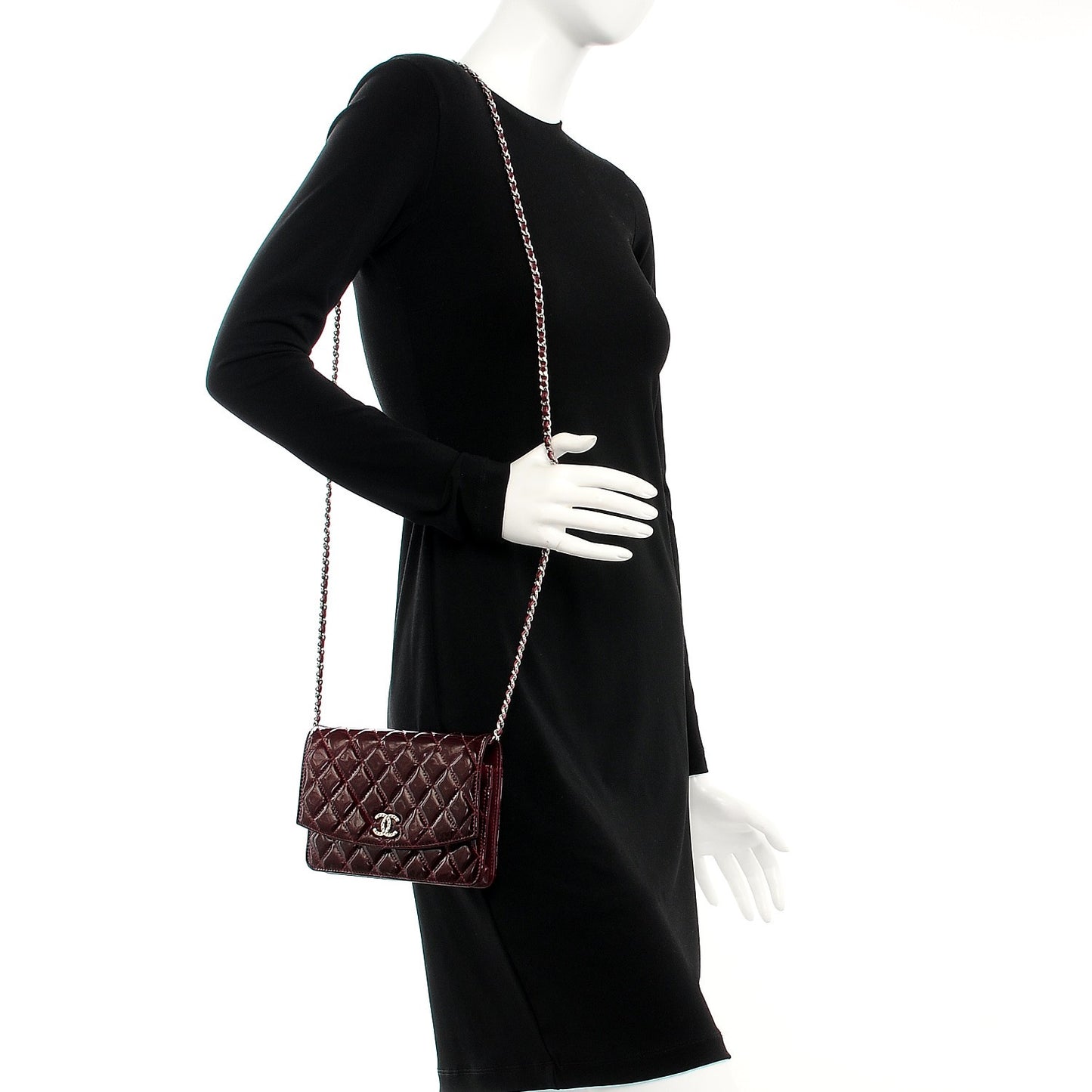 Patent Quilted Brilliant Wallet On Chain WOC Light Burgundy