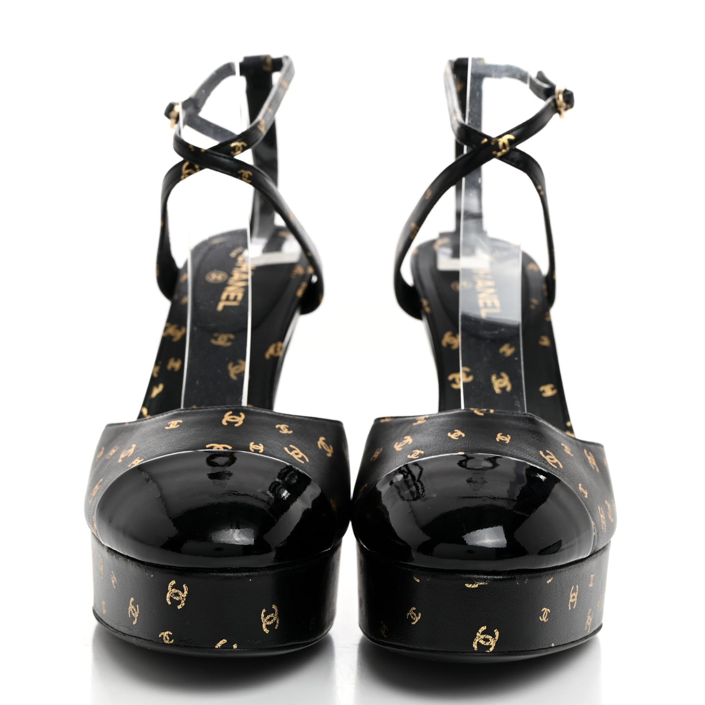 Printed Lambskin CC Platform Pumps 36.5 Black Gold
