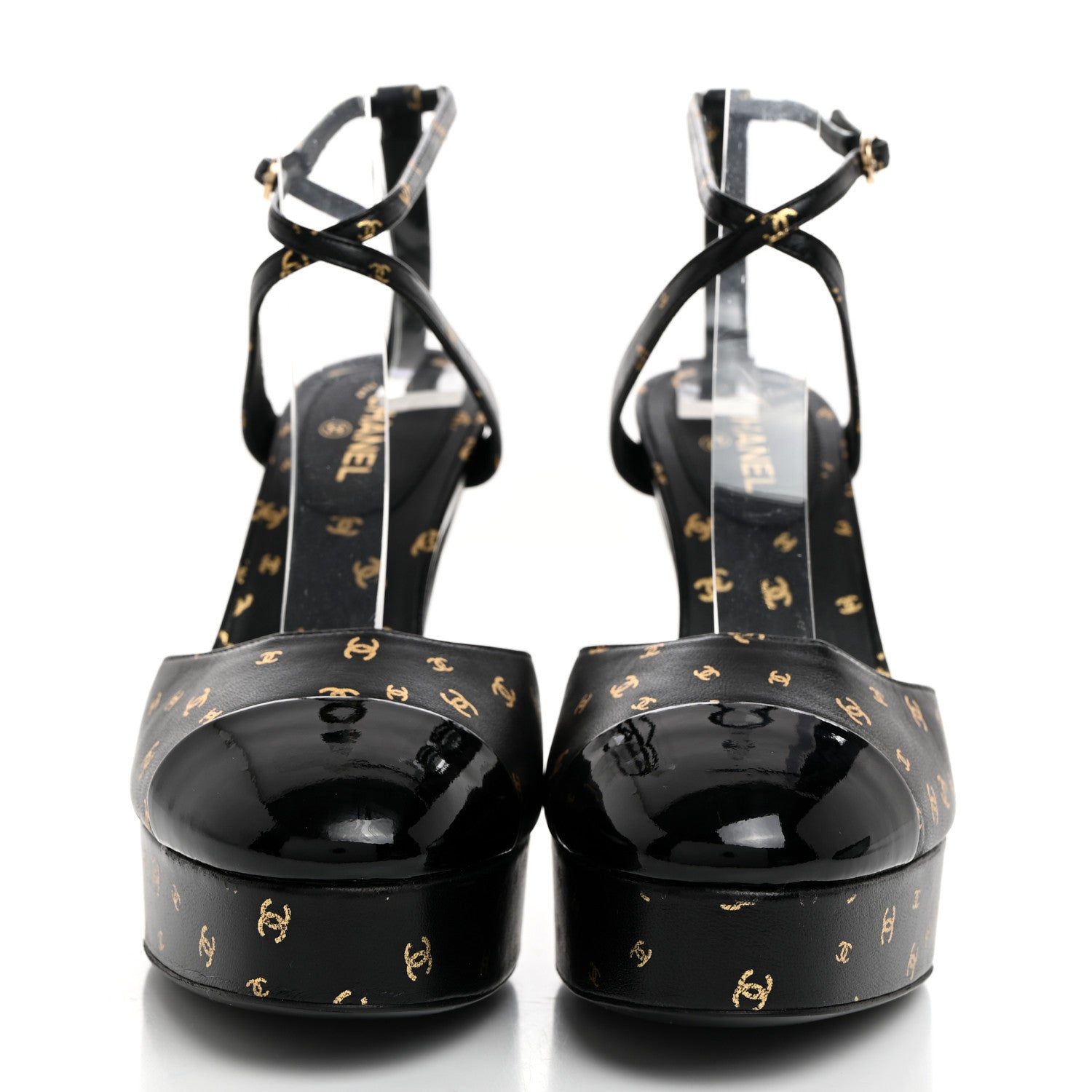 Chanel Printed Lambskin CC Platform Pumps 36.5 Black Gold 2 of 8