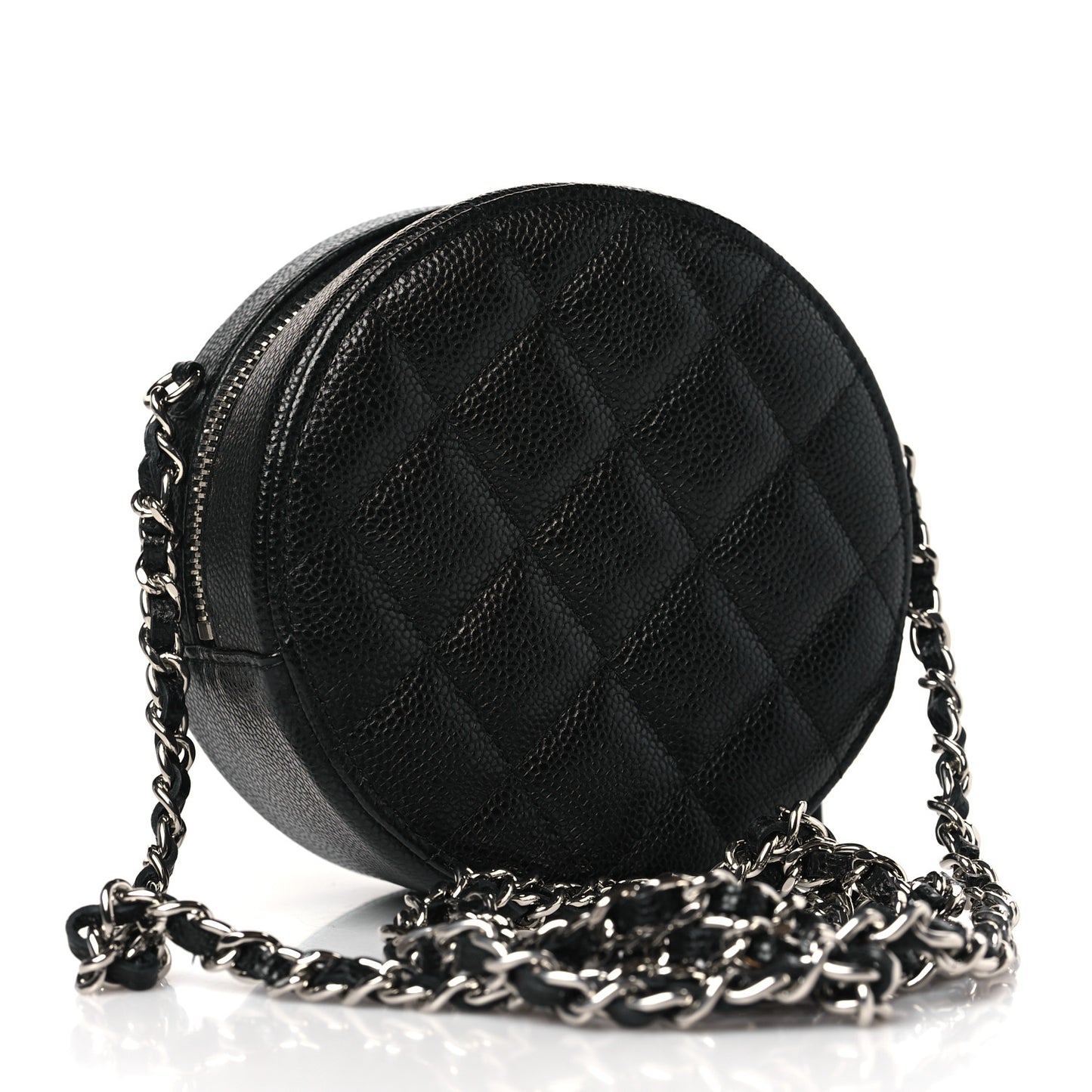 Caviar Quilted Round Clutch With Chain Black