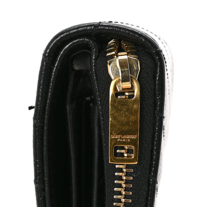Saint Laurent Grain De Poudre Matelasse Chevron Monogram Compact Zip Around Wallet Black 9 of 9