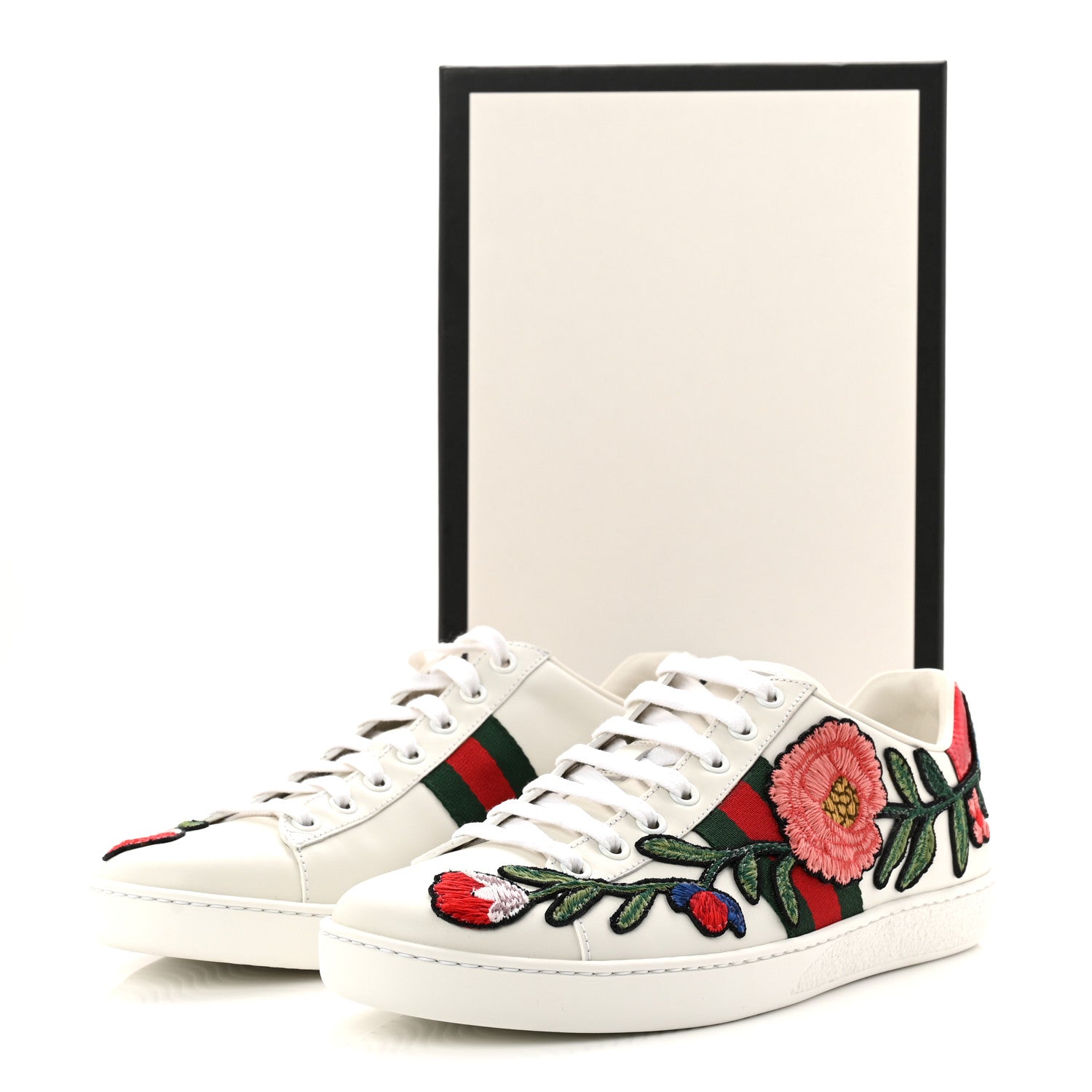 Gucci Calfskin Web Floral Embroidered Womens Ace Sneakers 39 White