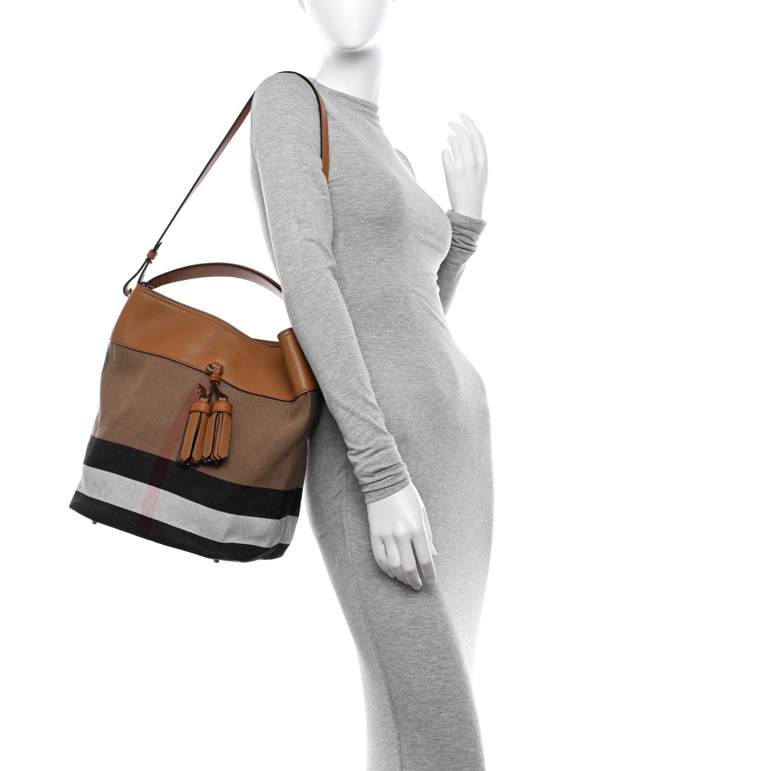 Burberry Grainy Calfskin Canvas Mega Check Medium Ashby Tassel Hobo Saddle Brown 2 of 12