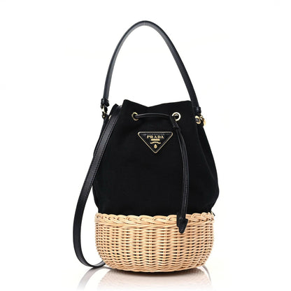 Prada Wicker Canvas Bucket Bag Black 1 of 8