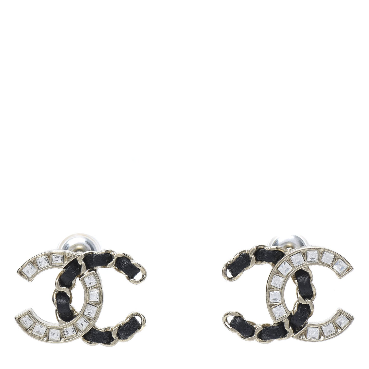 Crystal Baguette Lambskin Chain CC Vintage Allure Stud Earrings Black Gold