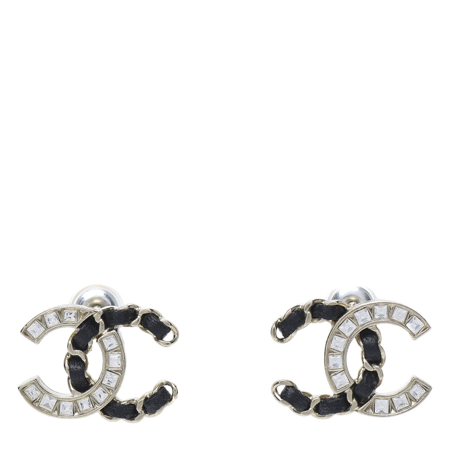 Chanel Crystal Baguette Lambskin Chain CC Vintage Allure Stud Earrings Black Gold 1 of 6