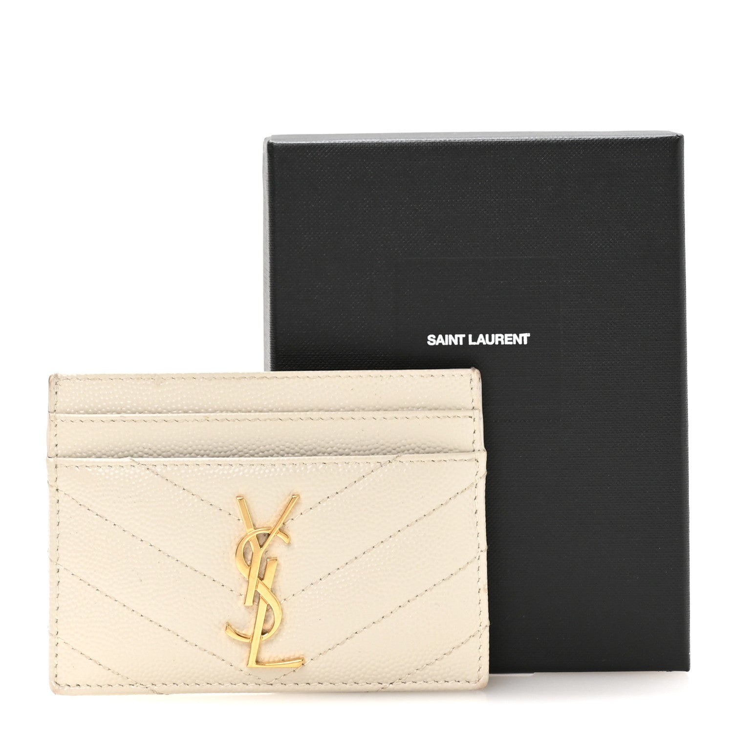 Saint Laurent Grain De Poudre Matelasse Chevron Monogram Credit Card Case Crema Soft 8 of 8
