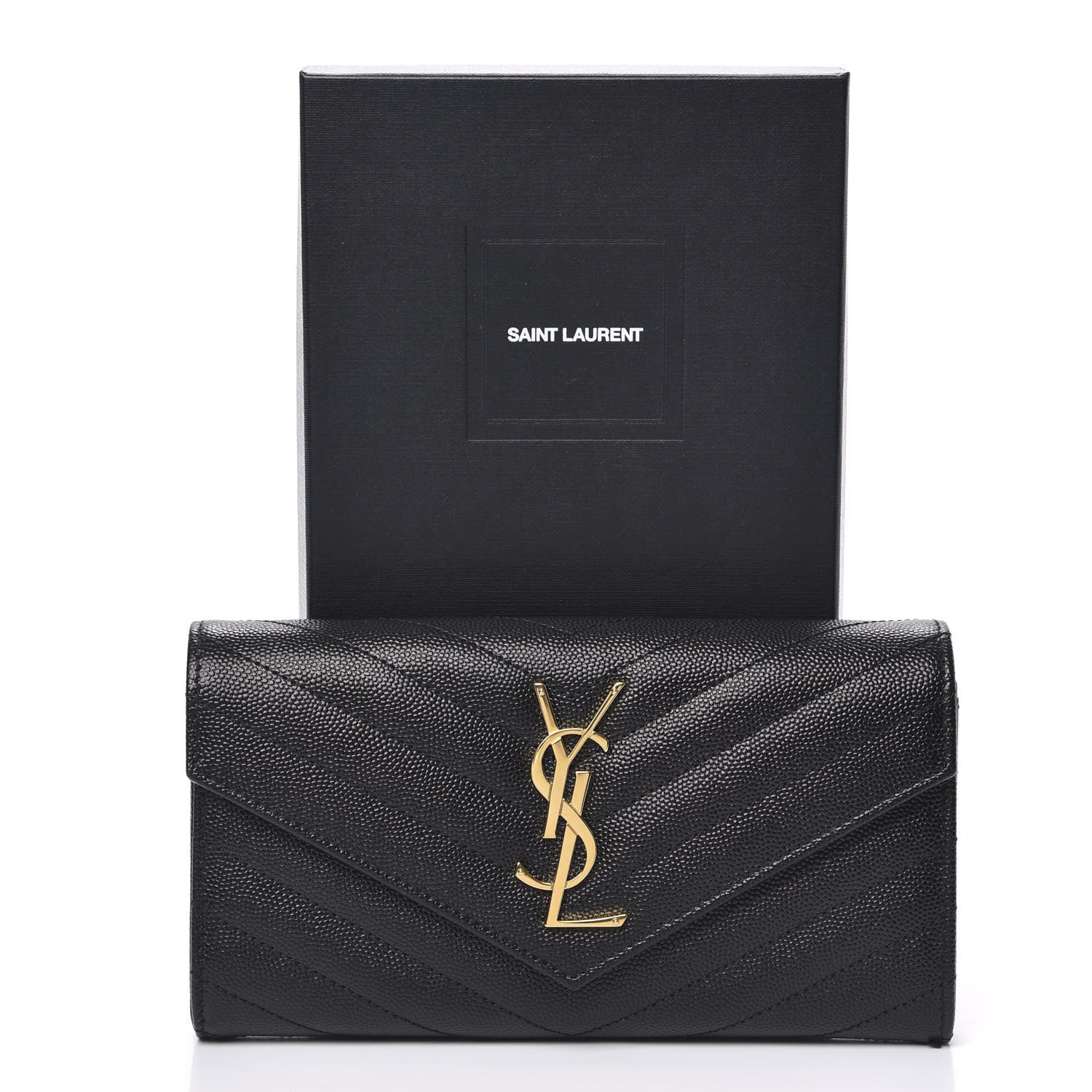 Saint Laurent Grain De Poudre Matelasse Chevron Monogram Flap Wallet Black 10 of 10