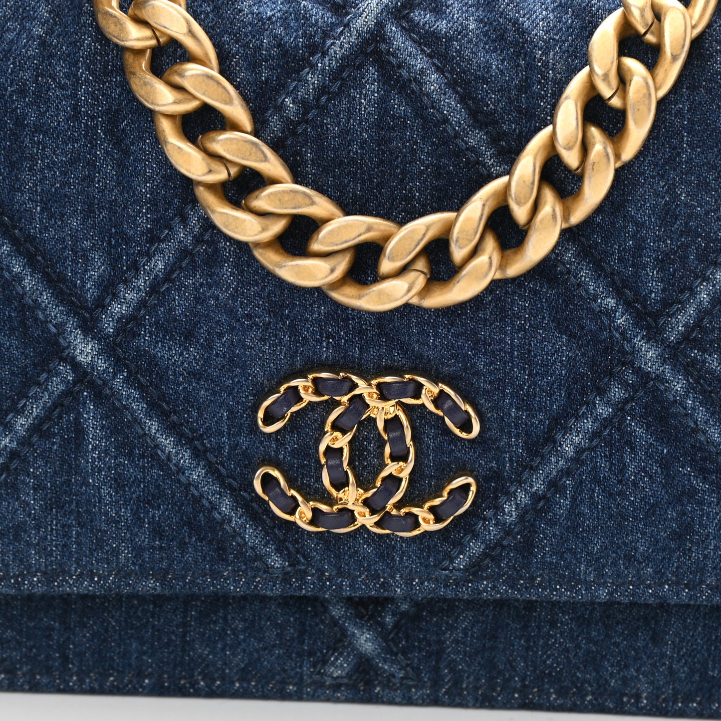 Denim Quilted Chanel 19 Wallet On Chain WOC Blue