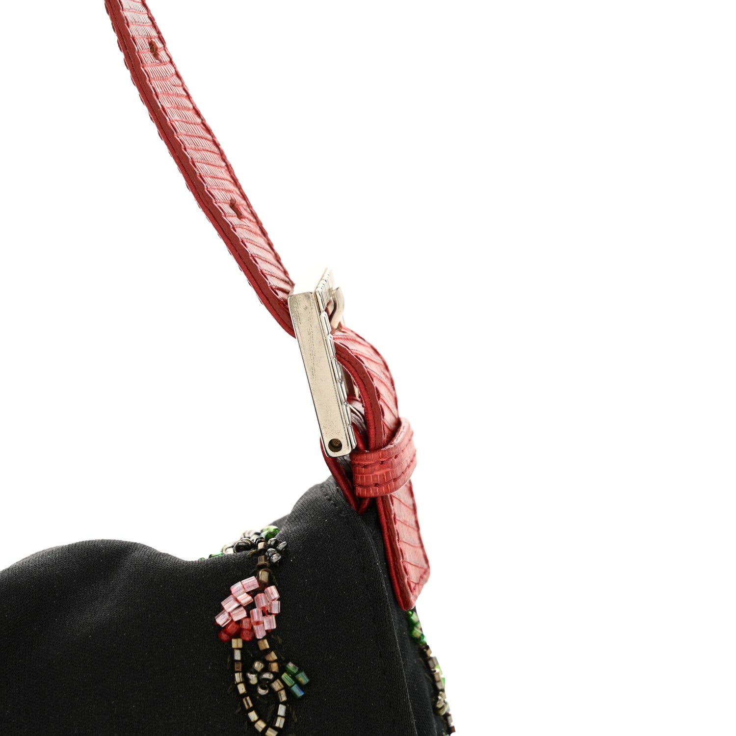 Fendi Neoprene Lizard Beaded Crystal Baguette Black Red 12 of 17