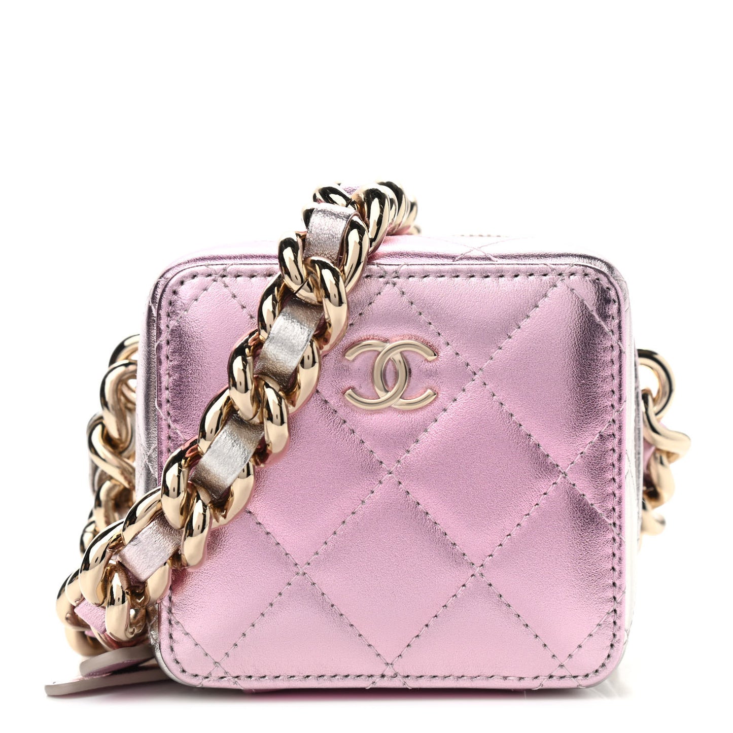 Gradient Metallic Lambskin Quilted Like A Wallet Clutch With Chain Gold Pink