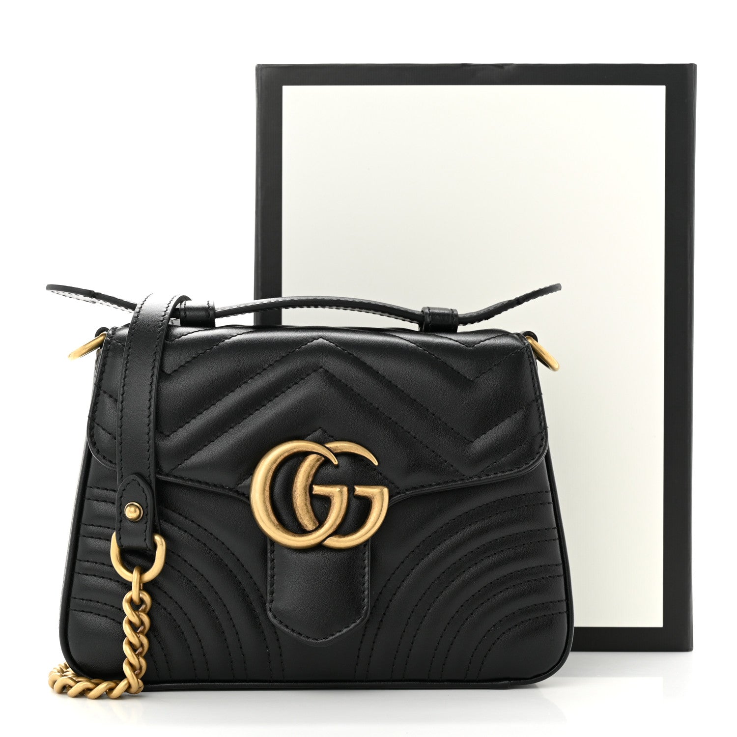 Gucci Calfskin Matelasse Mini GG Marmont Top Handle Shoulder Bag Black 11 of 11