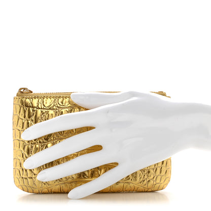 Chanel Metallic Calfskin Crocodile Embossed Cocodile Small Cosmetic Case Gold 2 of 8