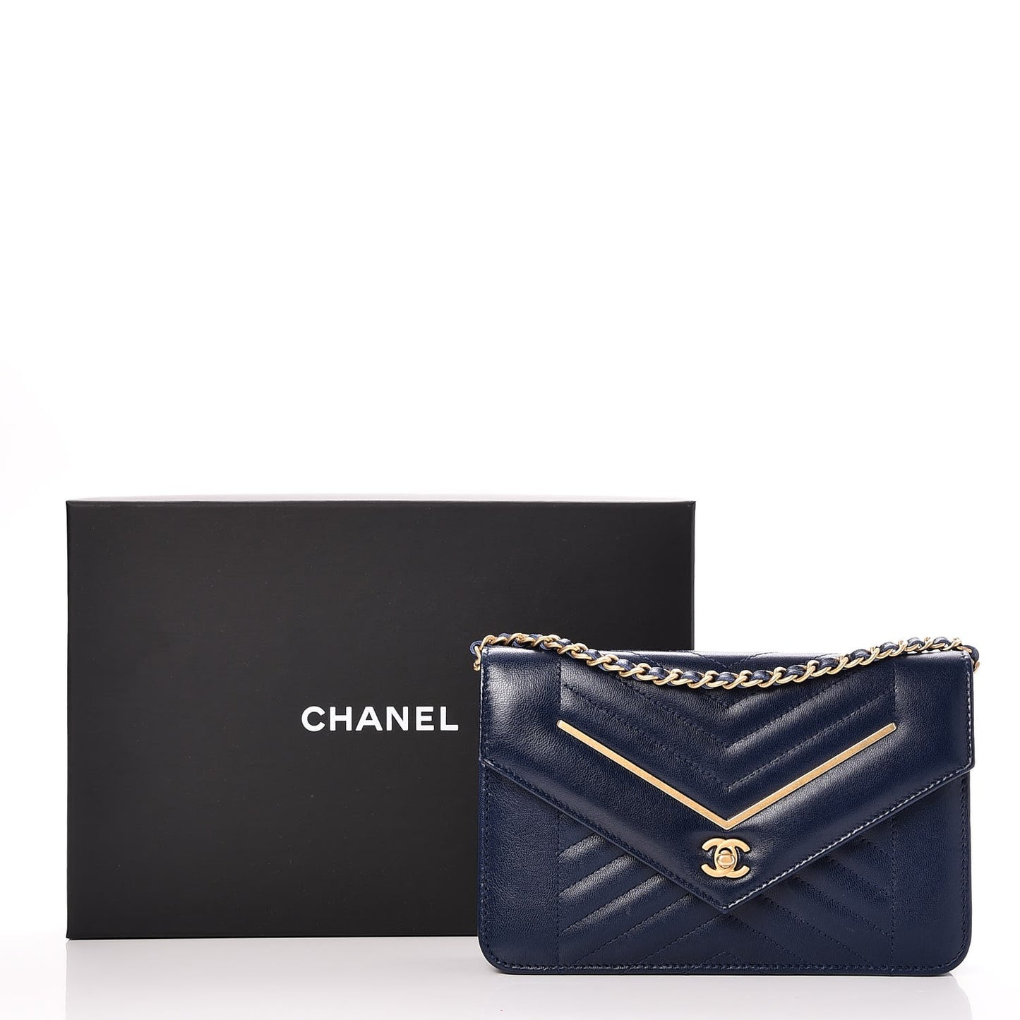 Lambskin Chevron Quilted Wallet On Chain WOC Navy Blue