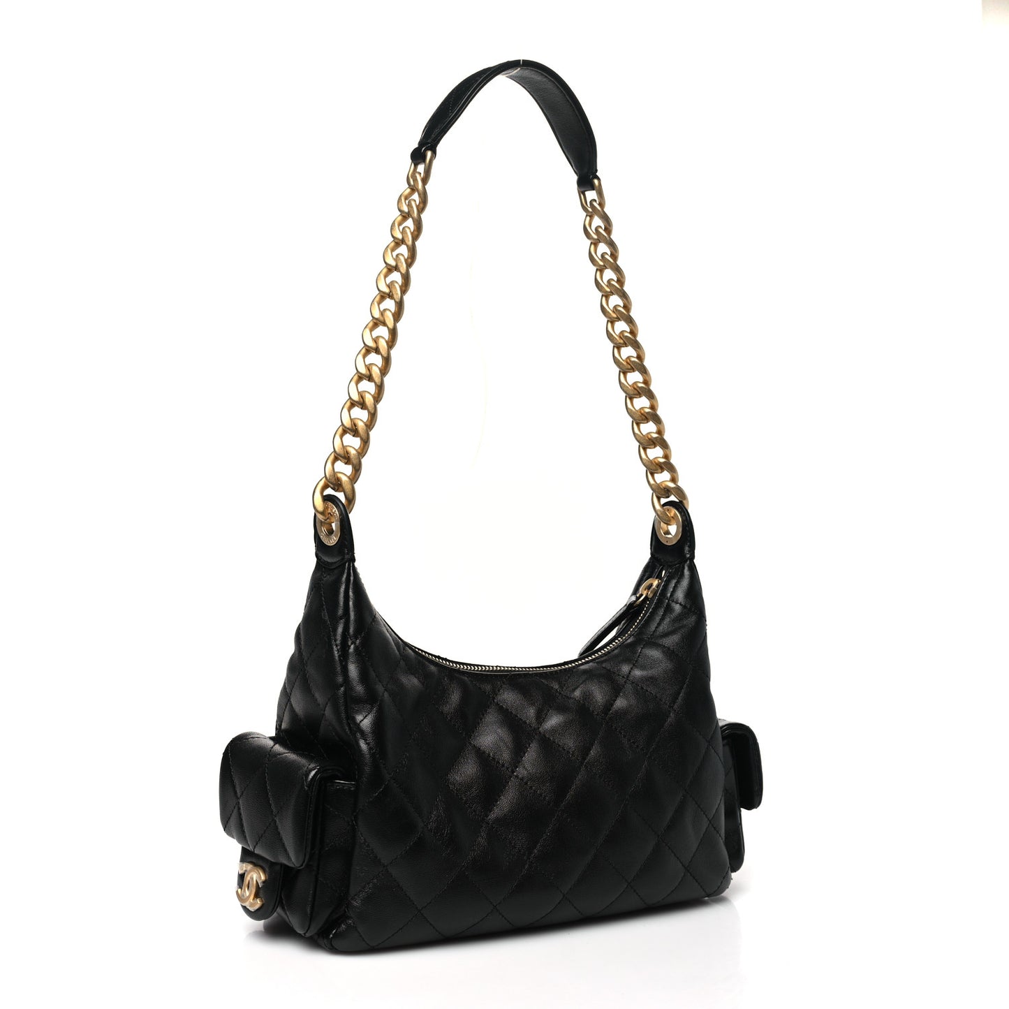 Shiny Lambskin Quilted Trendy Pockets Hobo Black