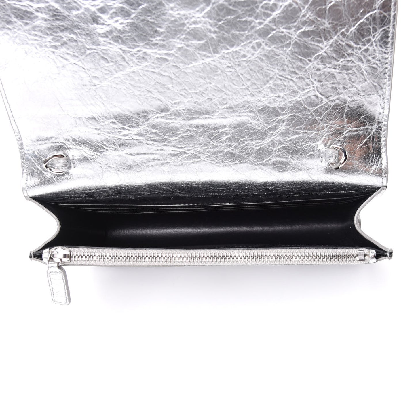 Metallic Crackled Calfskin Kate Monogram Tassel Chain Wallet Argento