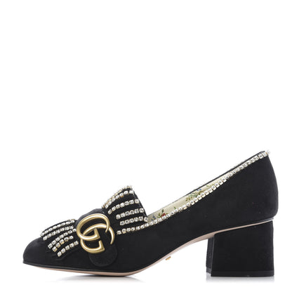 Gucci Kid Scamosciato Crystal GG Marmont Fringe 50mm Loafer Pumps 35.5 Black 1 of 10