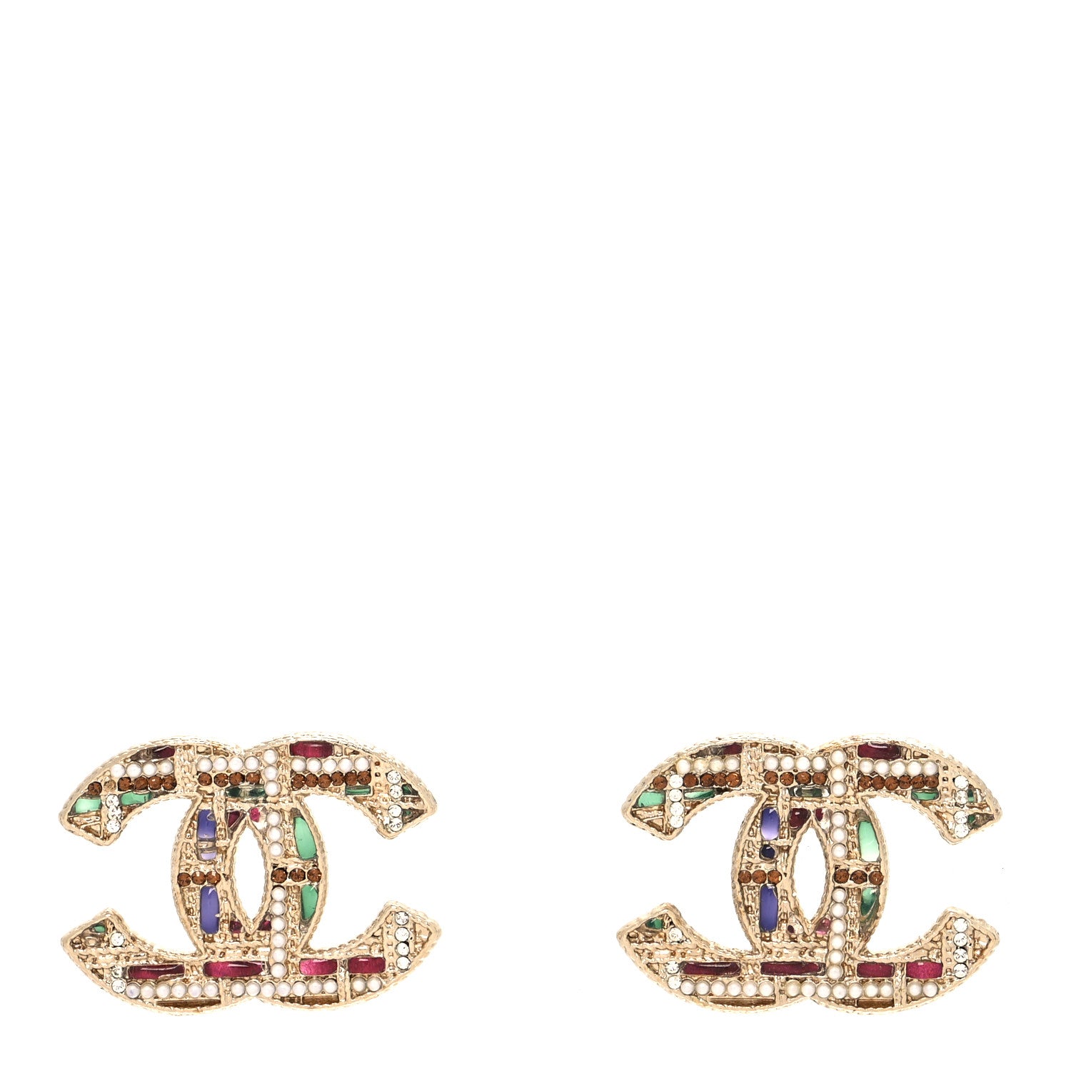 Chanel Resin Crystal Pearl Tweed Effect CC Earrings Gold Multicolor 1 of 4