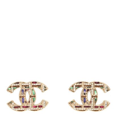 Chanel Resin Crystal Pearl Tweed Effect CC Earrings Gold Multicolor 1 of 4