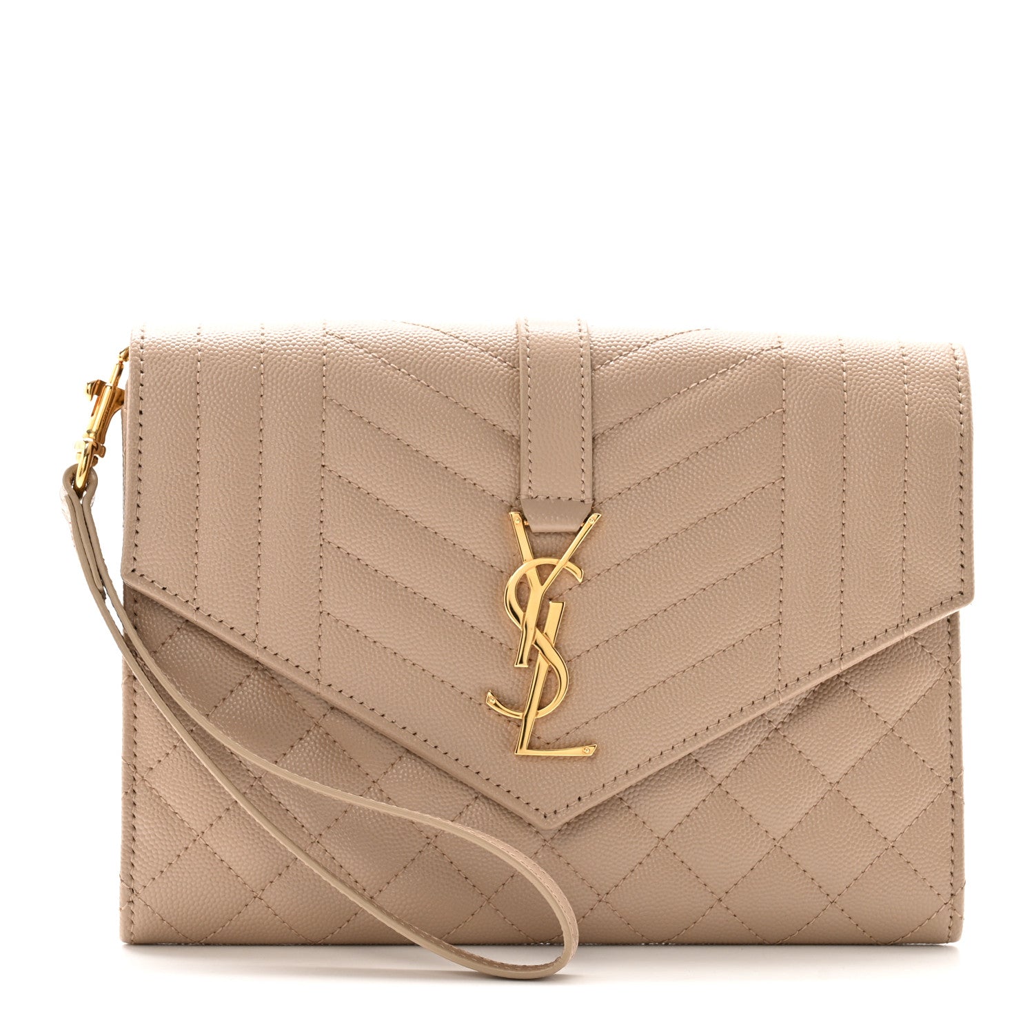 Saint Laurent Grain De Poudre Textured Mixed Matelasse Triquilt Monogram Clutch Dark Beige 1 of 10