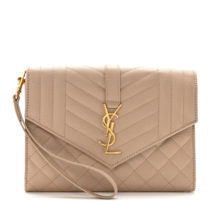 Saint Laurent Grain De Poudre Textured Mixed Matelasse Triquilt Monogram Clutch Dark Beige 1 of 10