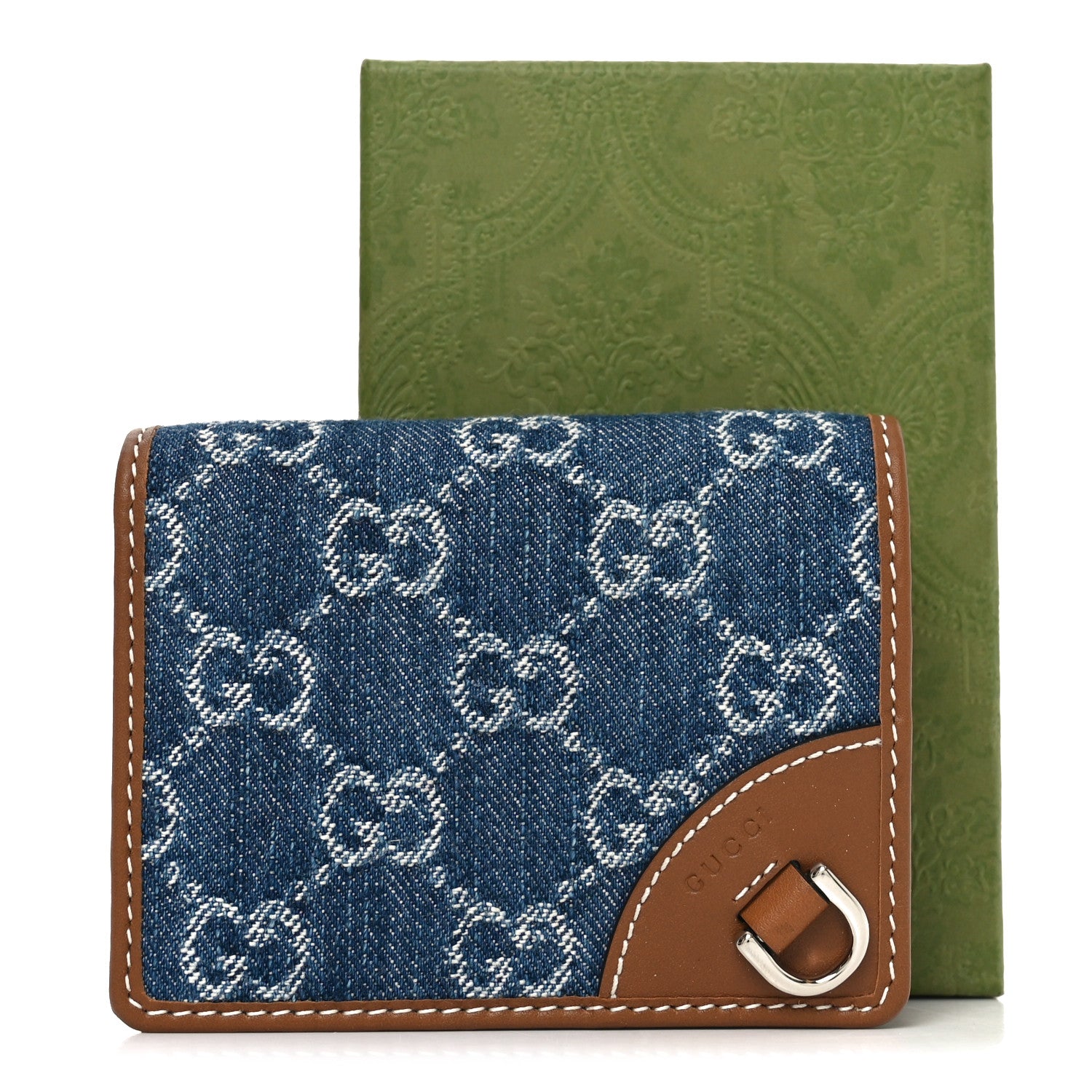 Gucci New Denim GG Monogram Emblem Mini Wallet Blue Tea Cuir