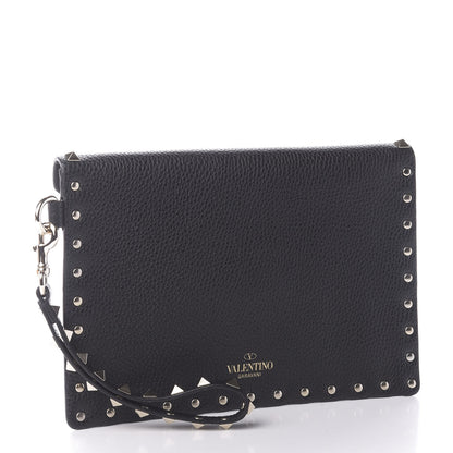 Valentino Garavani Pebbled Calfskin Medium Rockstud Envelope Flat Wristlet Pouch Black 3 of 8