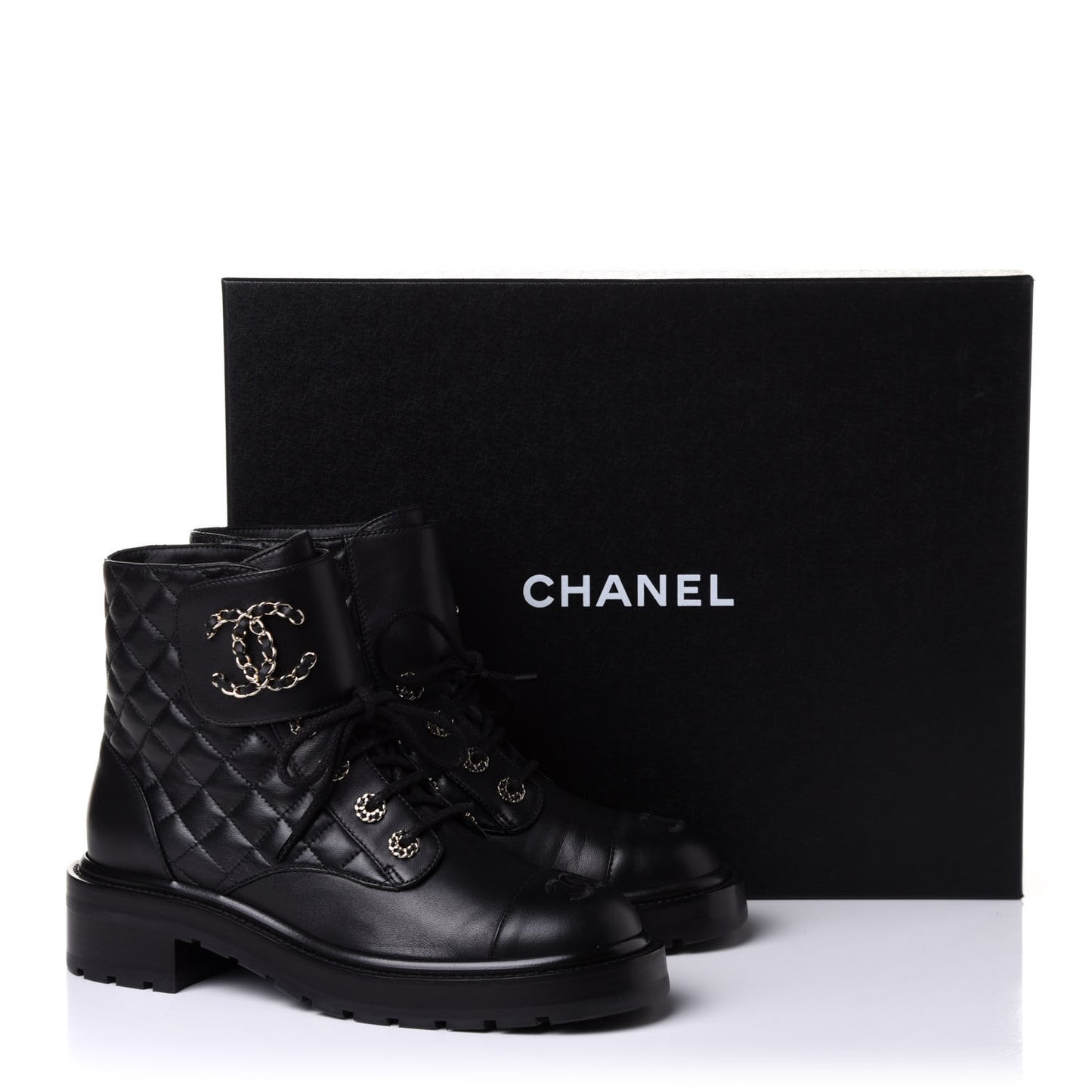 Shiny Lambskin Quilted Lace Up Combat Boots 39.5 Black