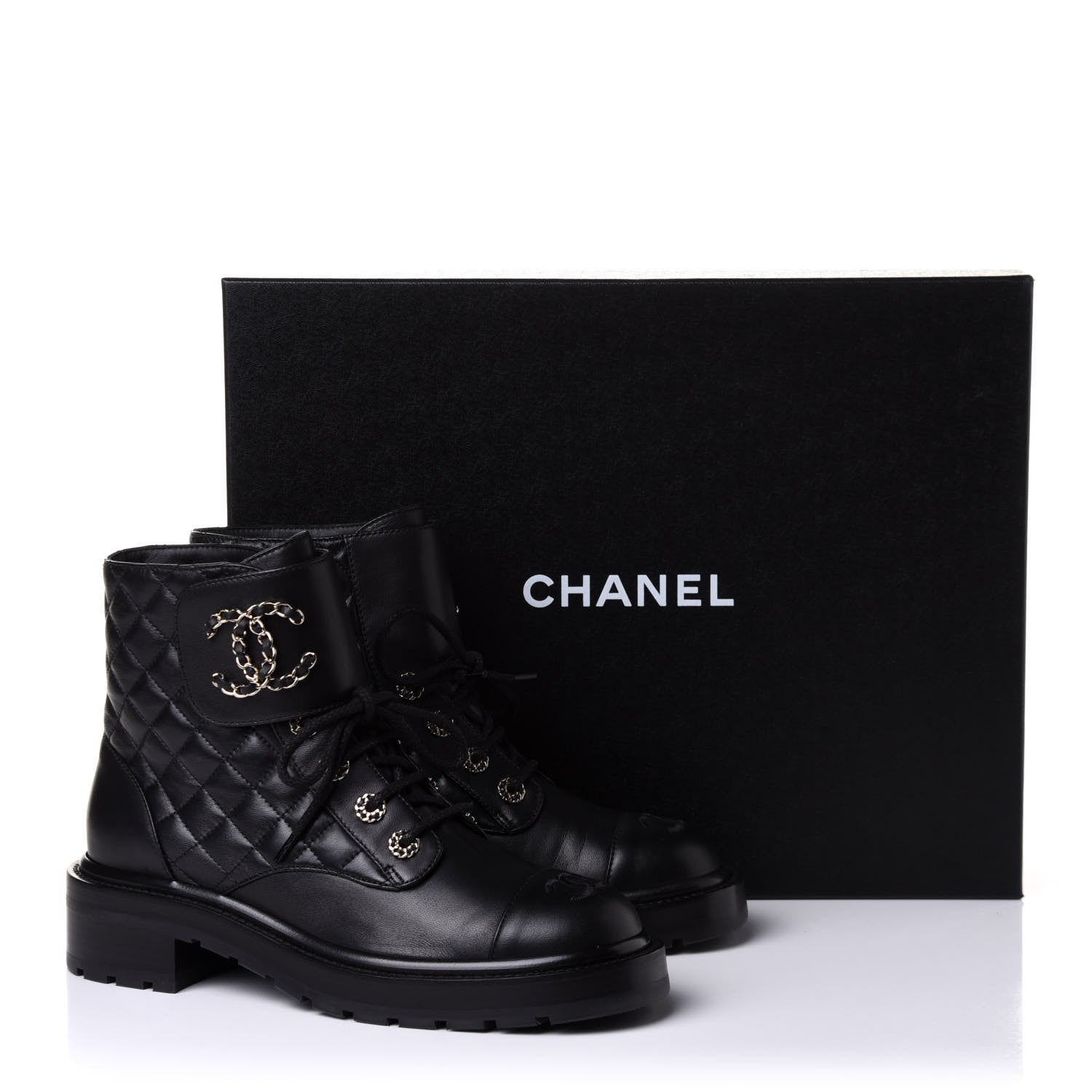 Chanel Shiny Lambskin Quilted Lace Up Combat Boots 39.5 Black 10 of 10