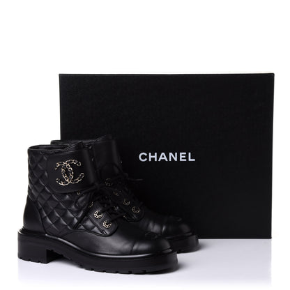 Chanel Shiny Lambskin Quilted Lace Up Combat Boots 39.5 Black 10 of 10