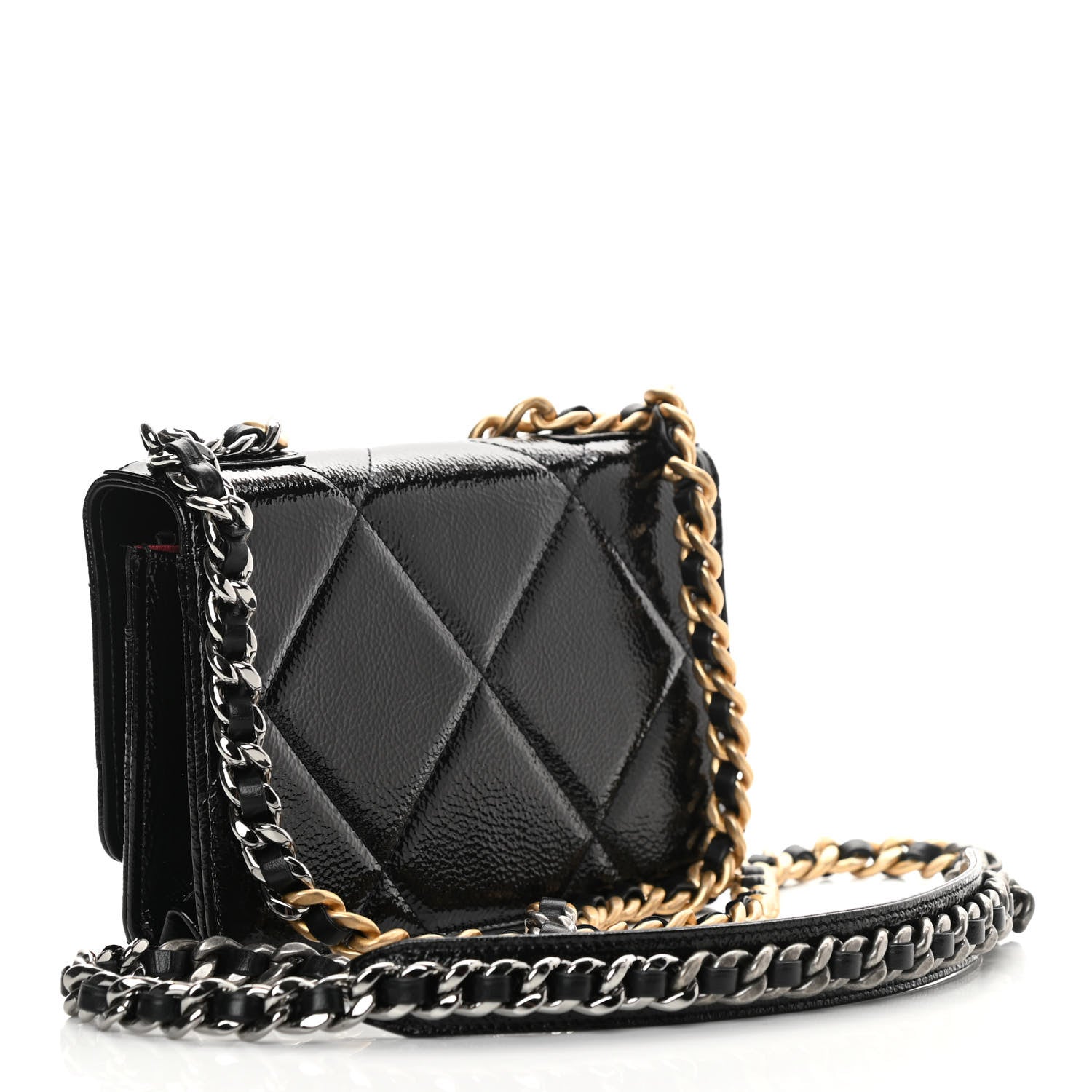 Chanel Shiny Crumpled Calfskin Quilted Chanel 19 Wallet On Chain WOC Black 3 of 14