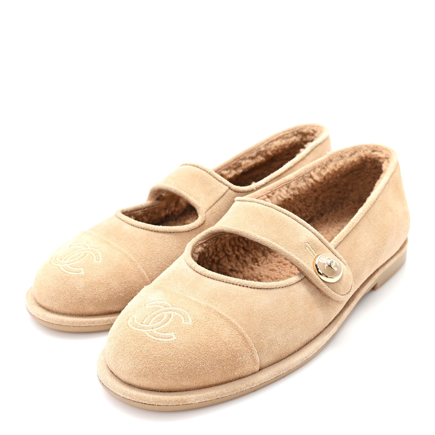 Suede Shearling Mary Jane Flats 36.5 Beige