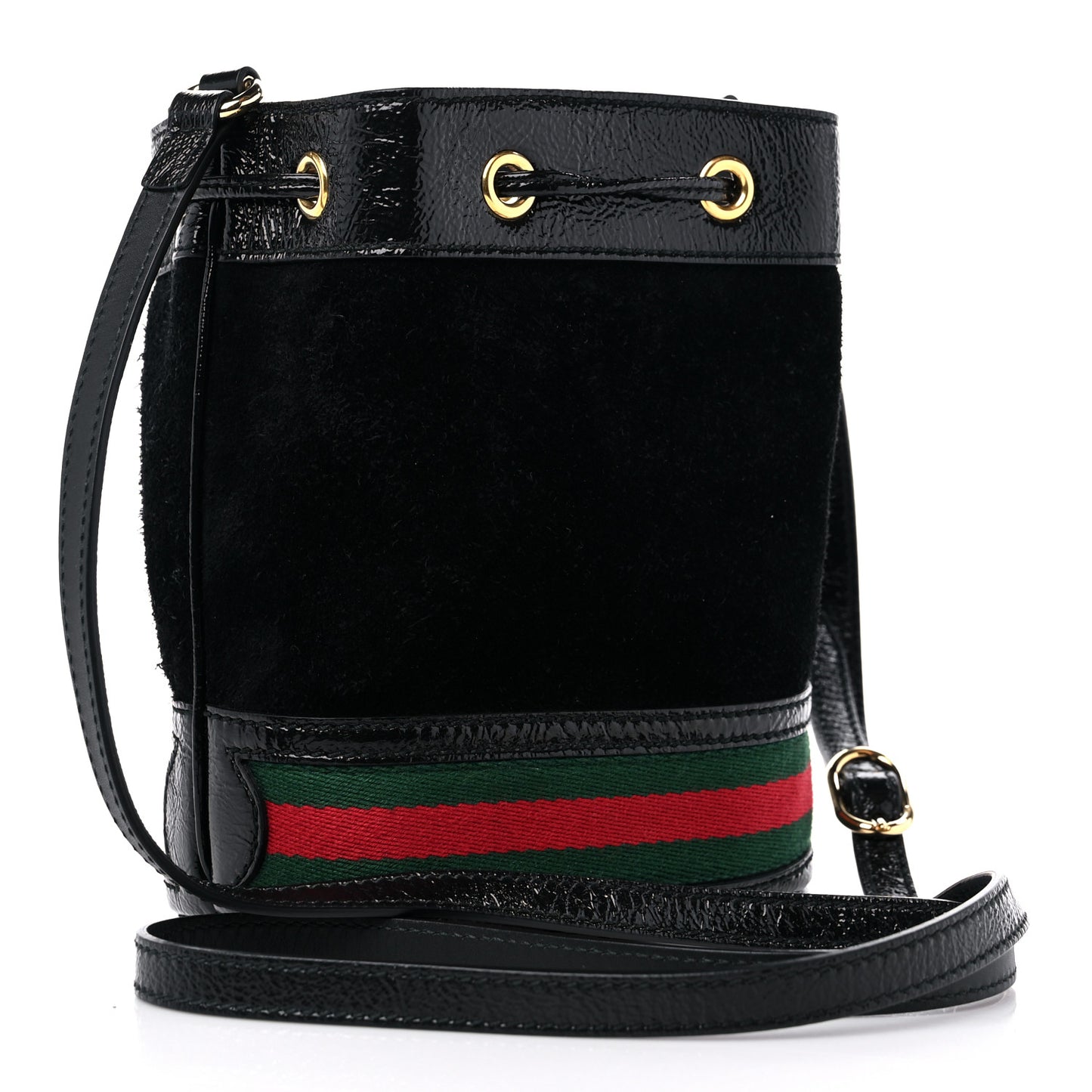 Suede Patent Web Mini Ophidia Bucket Bag Black
