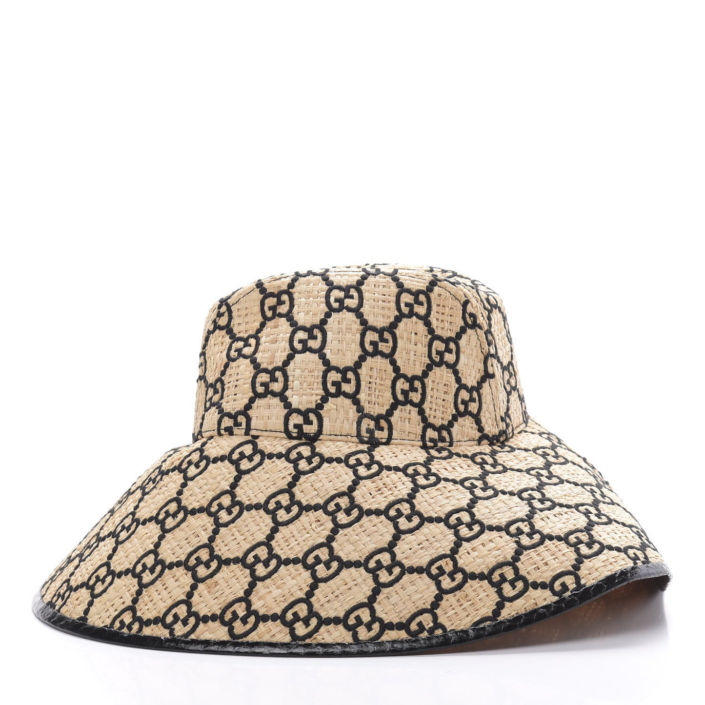 Raffia Elaphe GG Monogram Embroidered Wide Brim Hat Ivory Black