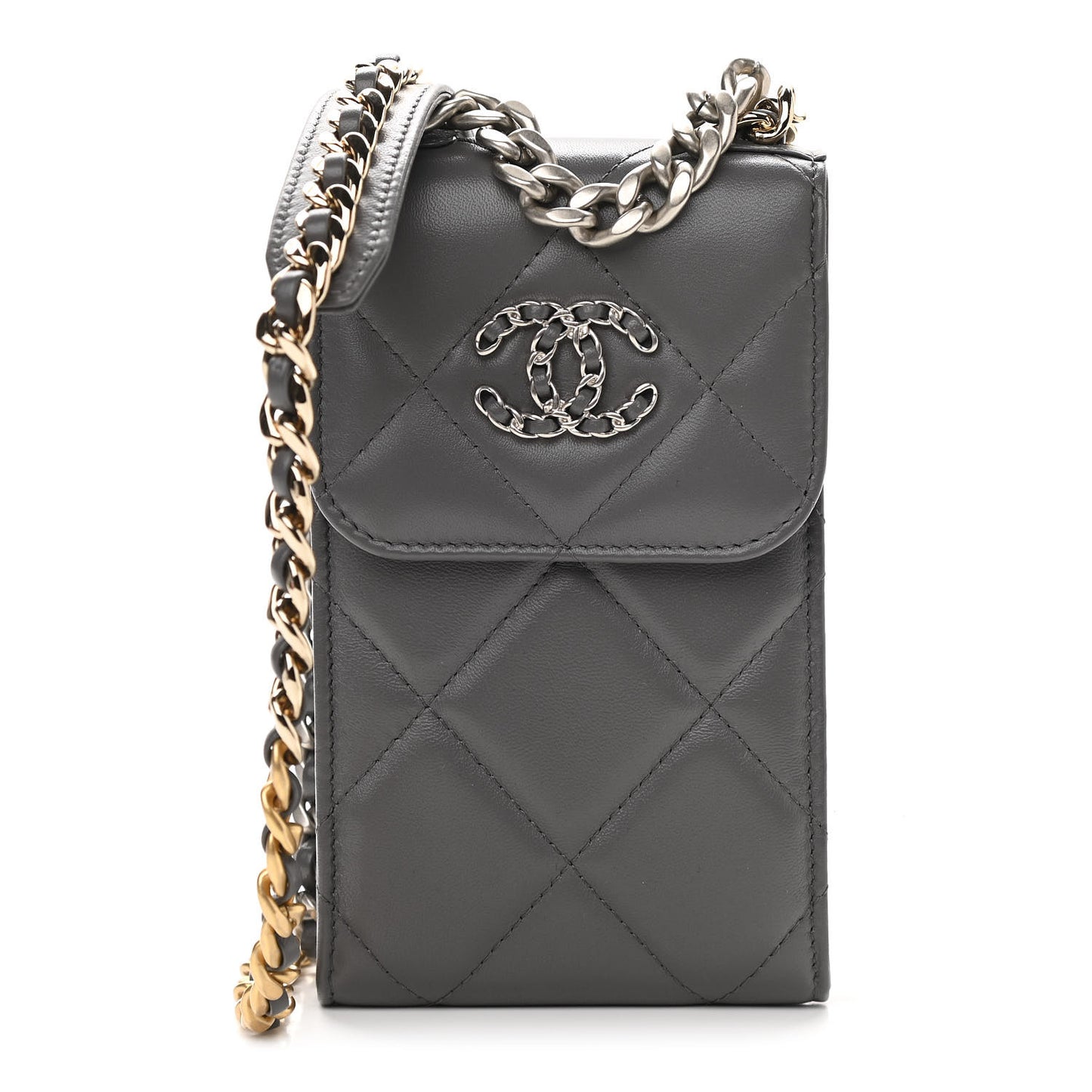 Lambskin Quilted Chanel 19 Phone Holder With Chain Grey