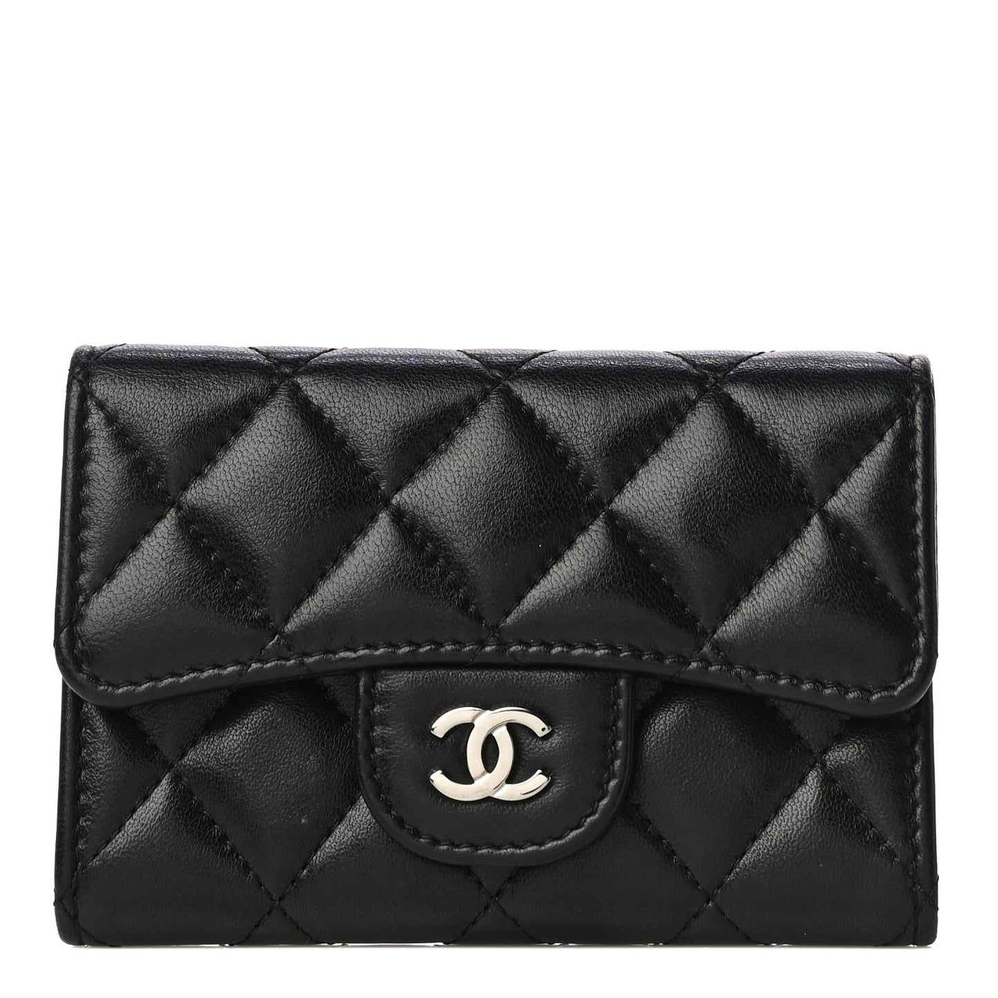 Lambskin Quilted Flap Card Holder Wallet Black