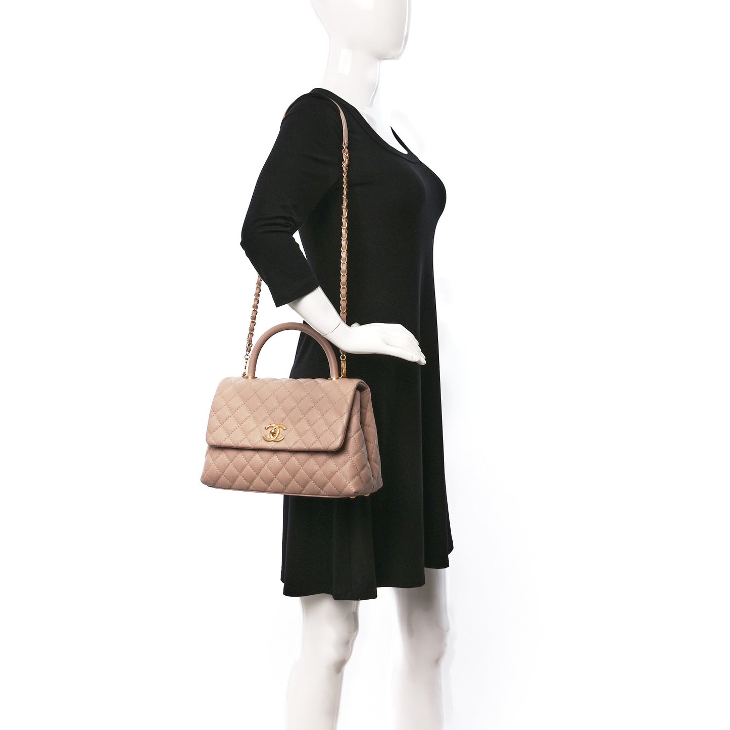 Caviar Quilted Small Coco Handle Flap Beige
