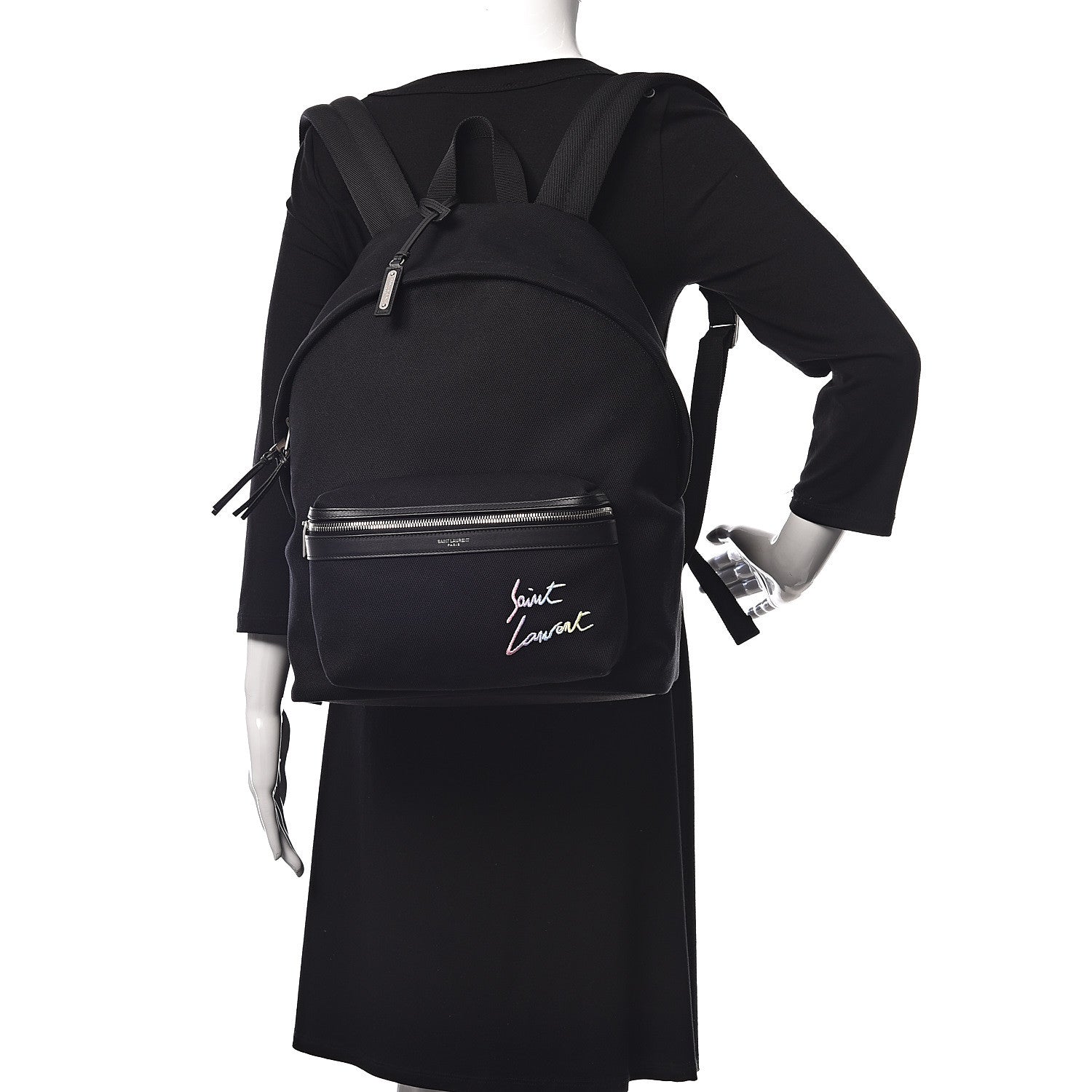 Saint Laurent Canvas Signature Embroidered City Backpack Black 2 of 12