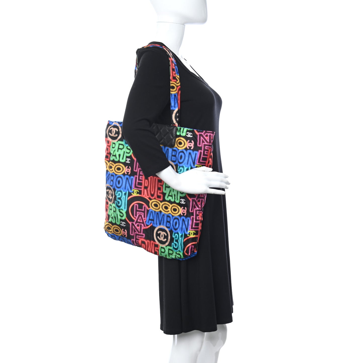 Caviar Fabric Graffiti Foldable Tote Bag With Chain Black Multicolor