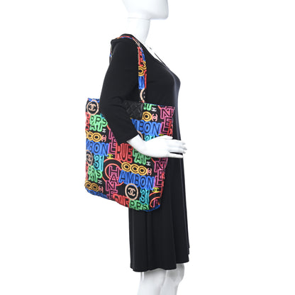 Chanel Caviar Fabric Graffiti Foldable Tote Bag With Chain Black Multicolor 2 of 13