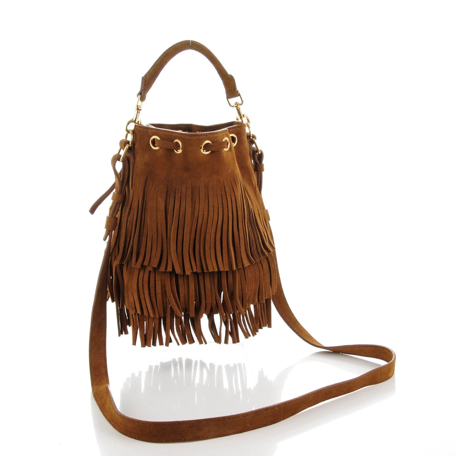 Saint Laurent Suede Calfskin Small Emmanuelle Fringe Bucket Bag Ocher 3 of 7